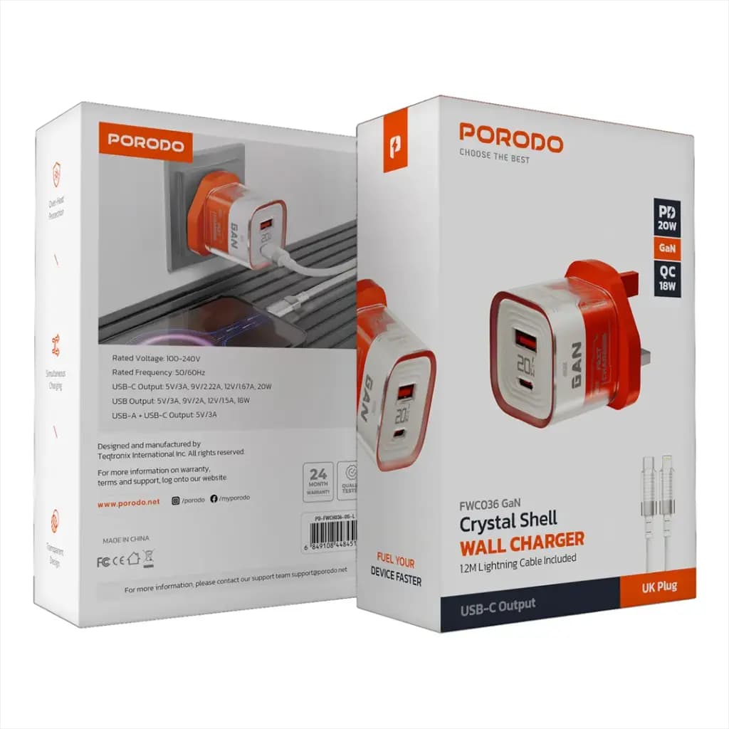 Porodo Crystal Shell GaN Wall Charger 1.2M Lightning Cable Included