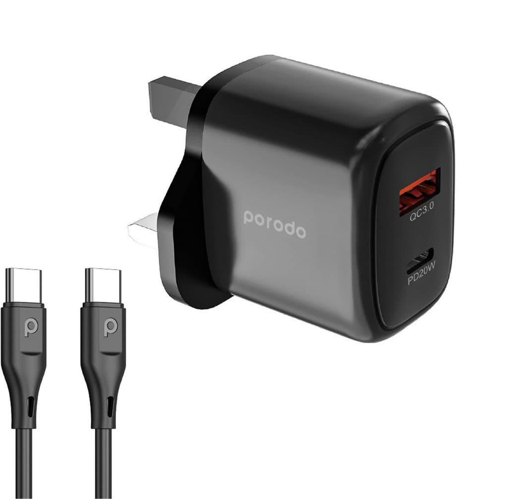 Porodo Dual Output Quick Charger USB-C PD and USB-A QC