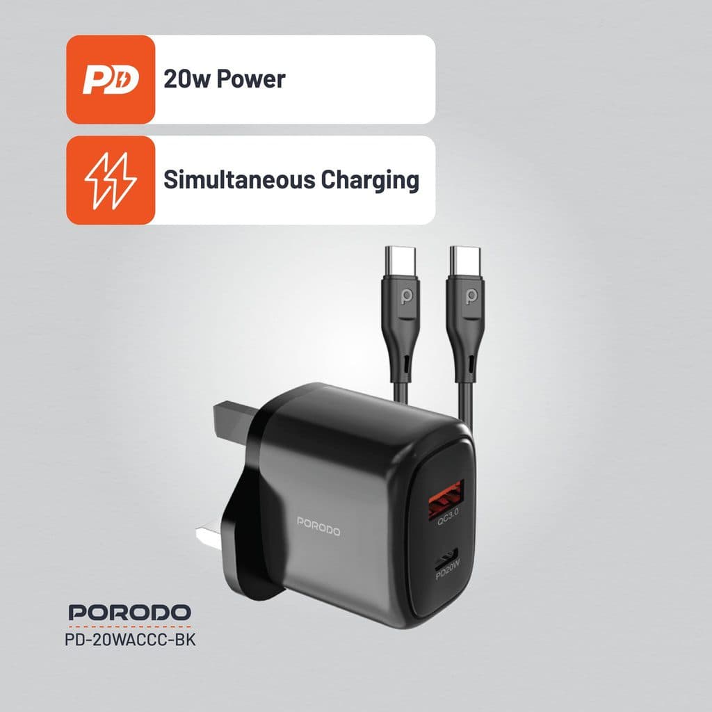 Porodo Dual Output Quick Charger USB-C PD and USB-A QC