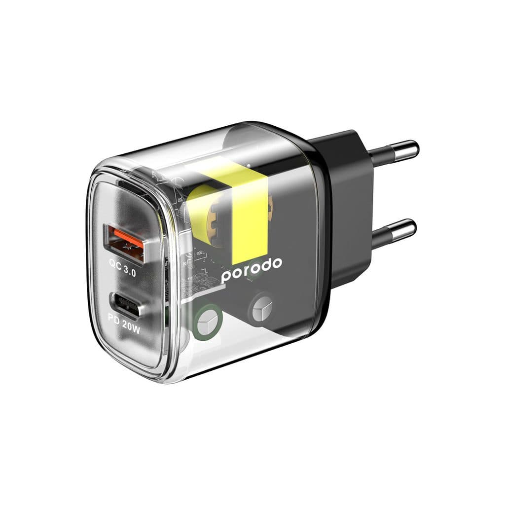 Porodo Dual Output Transparent Quick Charger USB-C PD And USB-A QC EU