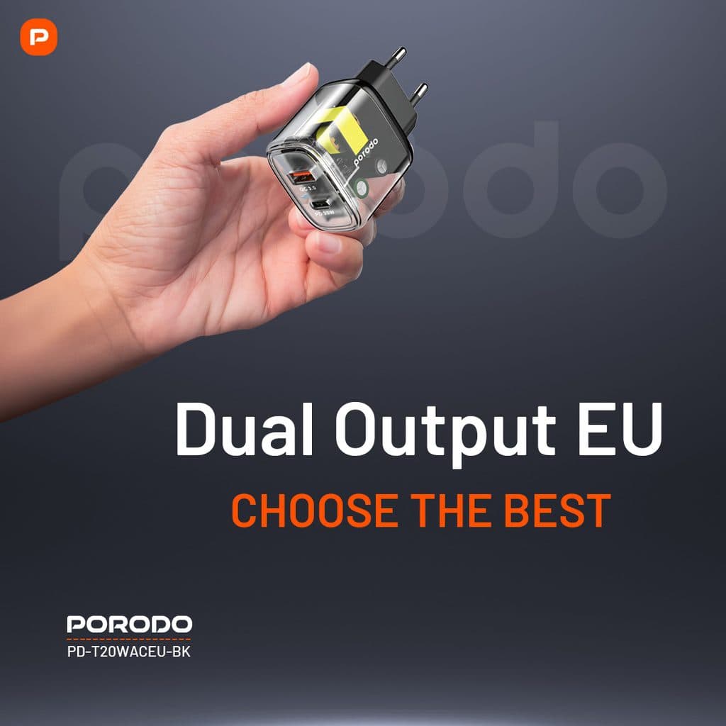 Porodo Dual Output Transparent Quick Charger USB-C PD And USB-A QC EU