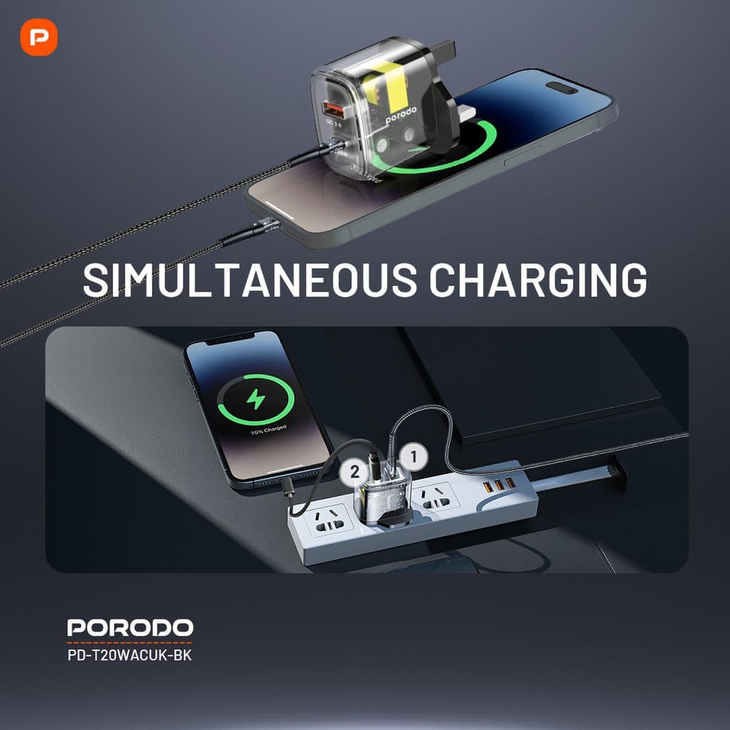 Porodo Dual Output Transparent Quick Charger USB-C PD And USB-A QC UK