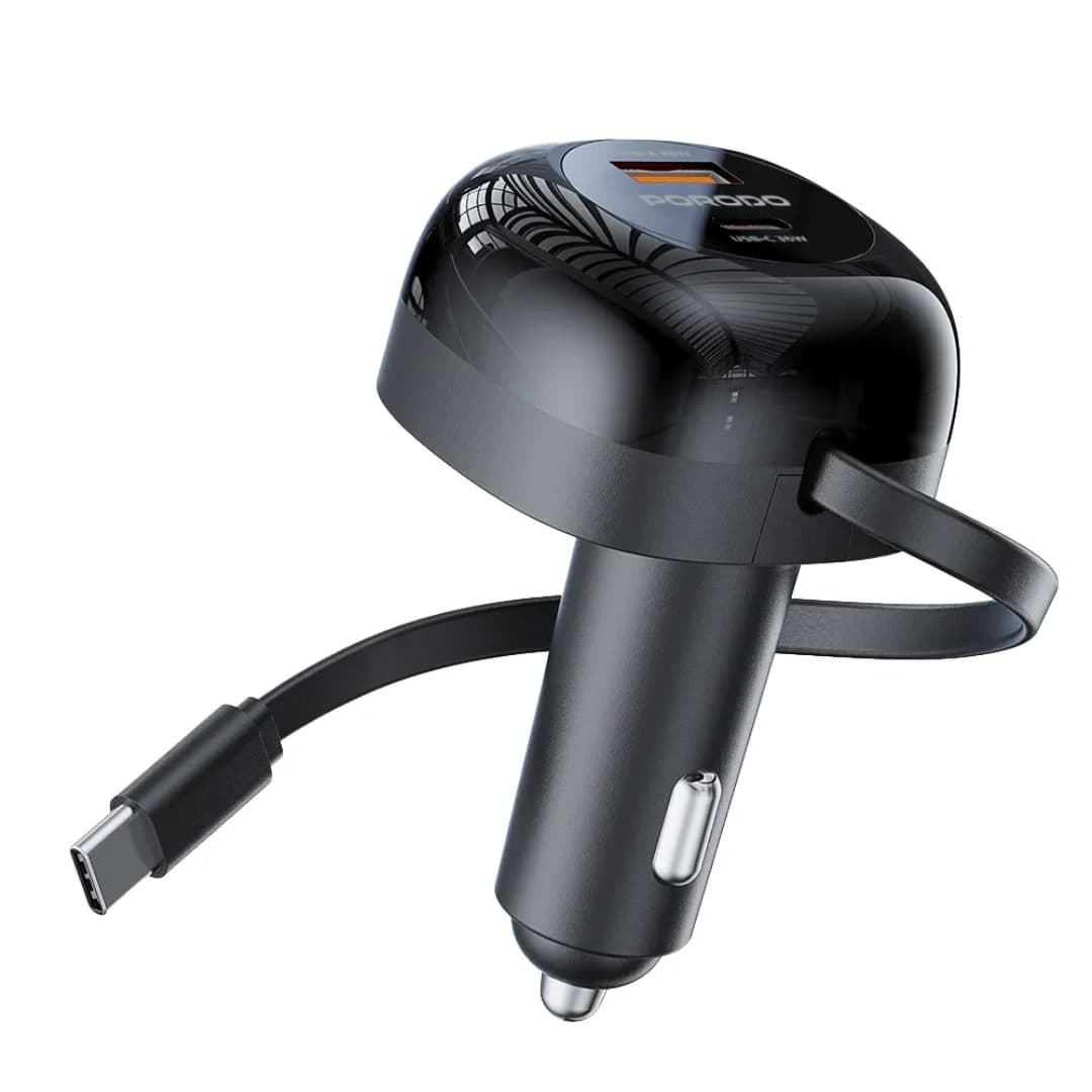 Porodo Dual Port Car Charger 80cm Retractable Type-C Cable