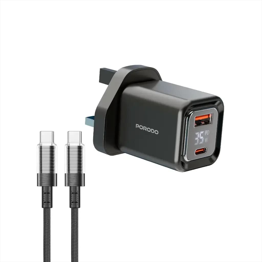Porodo Dual-Port | Digital Display Quick Charger with C to C Cable