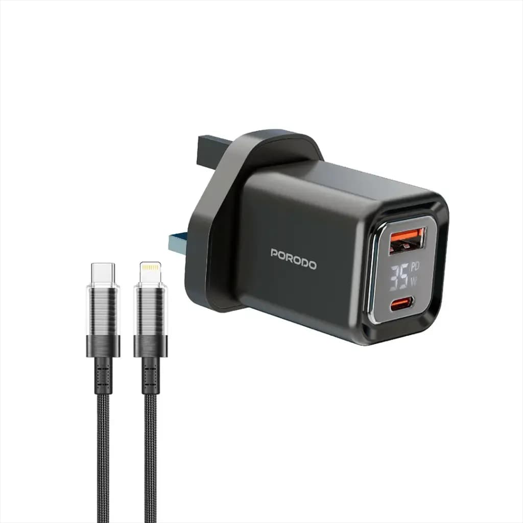 Porodo Dual-Port | Digital Display Quick Charger with C to L Cable