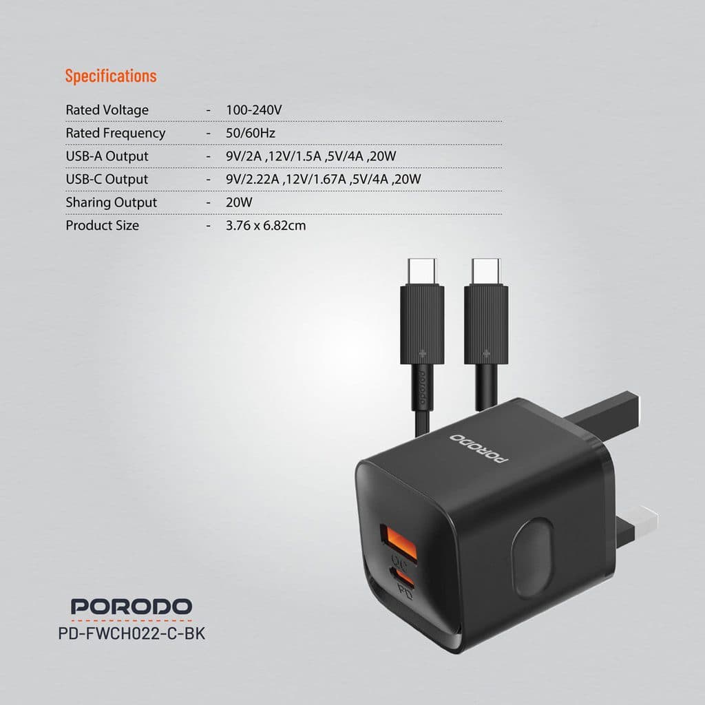 Porodo Dual port Wall Charger UK with Type-C Cable