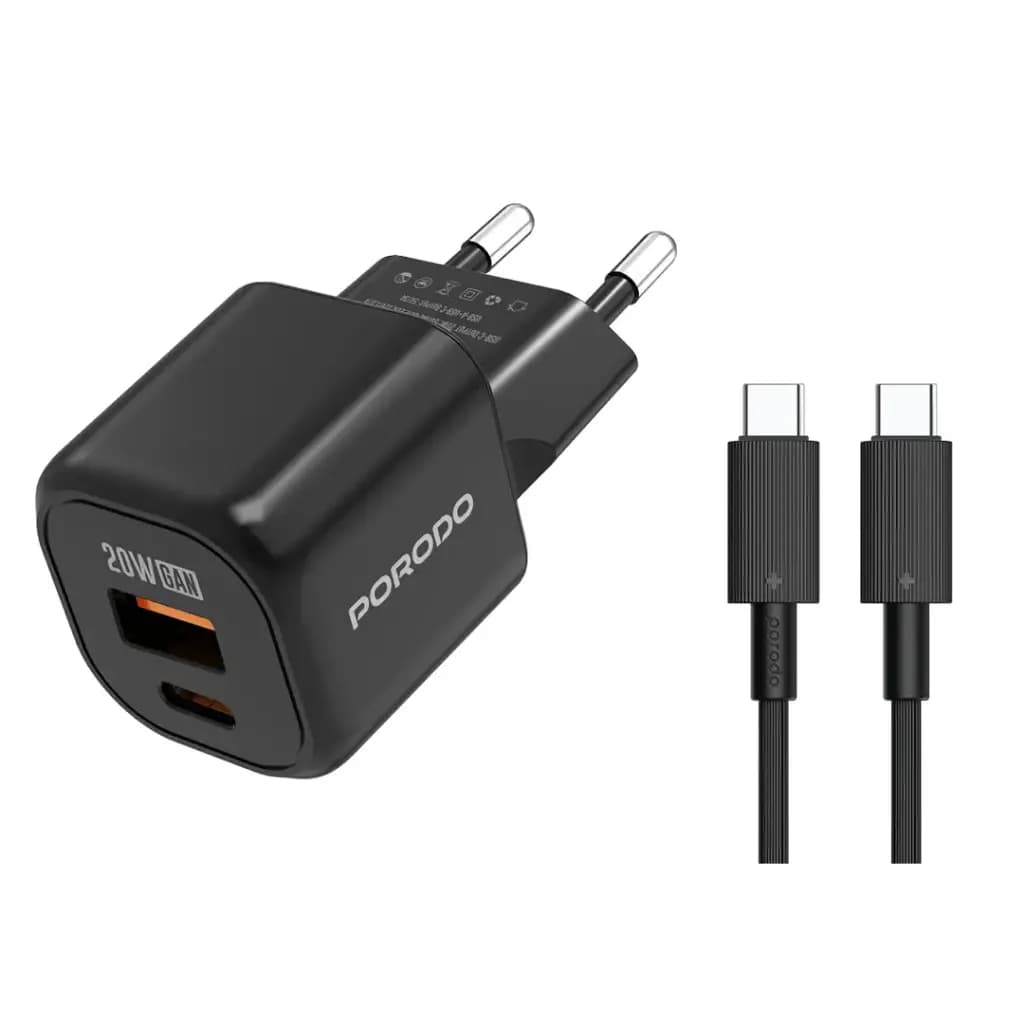 Porodo Dual Port Wall Charger with C to C Cable