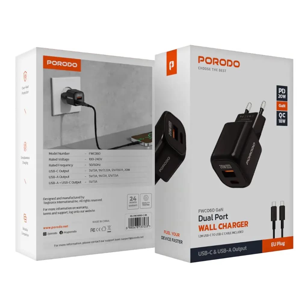 Porodo Dual Port Wall Charger with C to C Cable