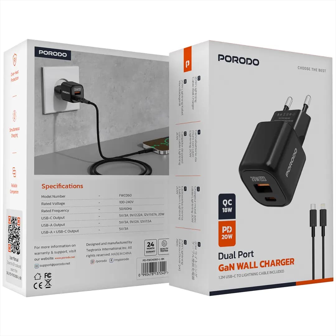 Porodo Dual Port Wall Charger with C to L Cable
