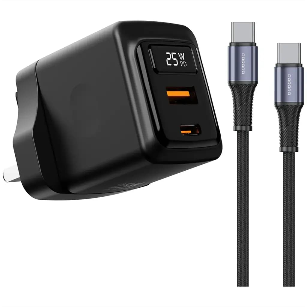 Porodo GaN 25W Dual USB-C Wall Charger With Type-C to Lightning Cable