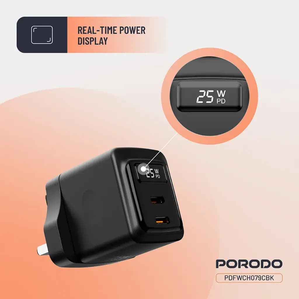 Porodo GaN 25W Dual USB-C Wall Charger With Type-C to Lightning Cable