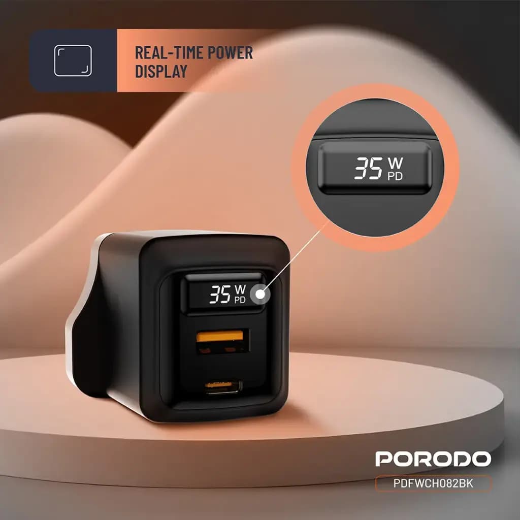 Porodo GaN 35W Dual Port Wall Charger with Power Display
