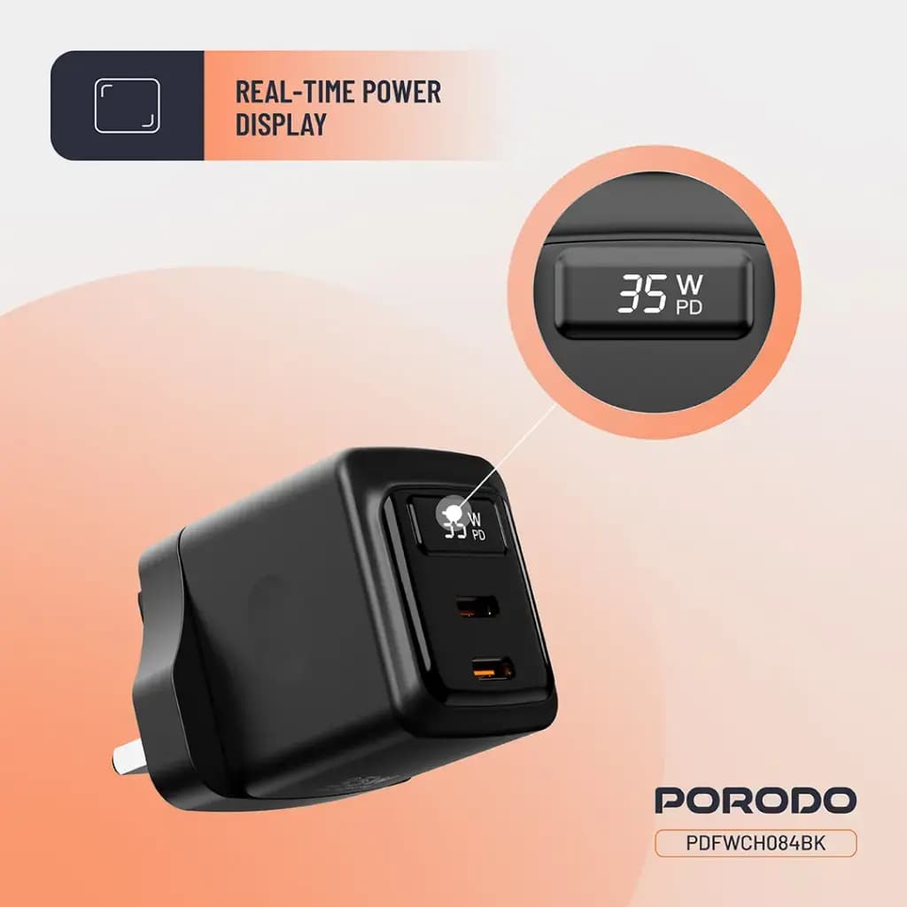 Porodo GaN 35W Dual USB-C Wall Charger with Power Display
