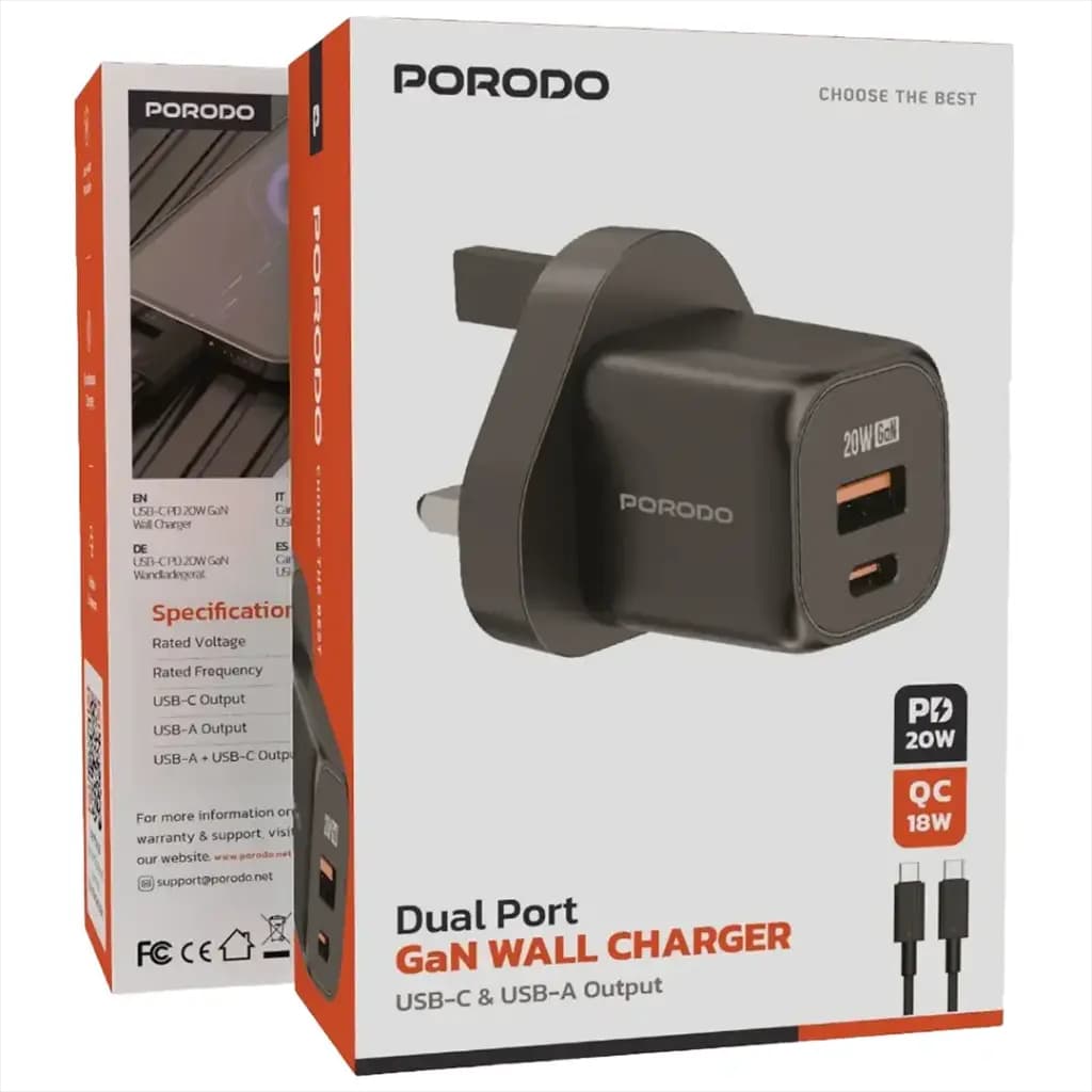 Porodo GaN Dual Port Wall Charger UK with C to C Cable