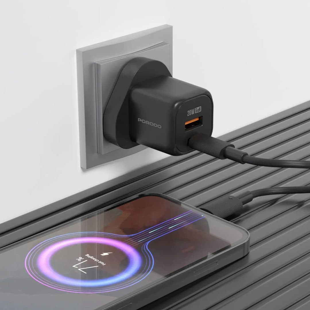 Porodo GaN Dual Port Wall Charger UK with C to L Cable