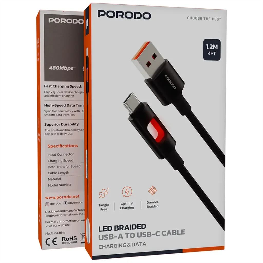 Porodo LED Braided USB-A to USB-C Cable
