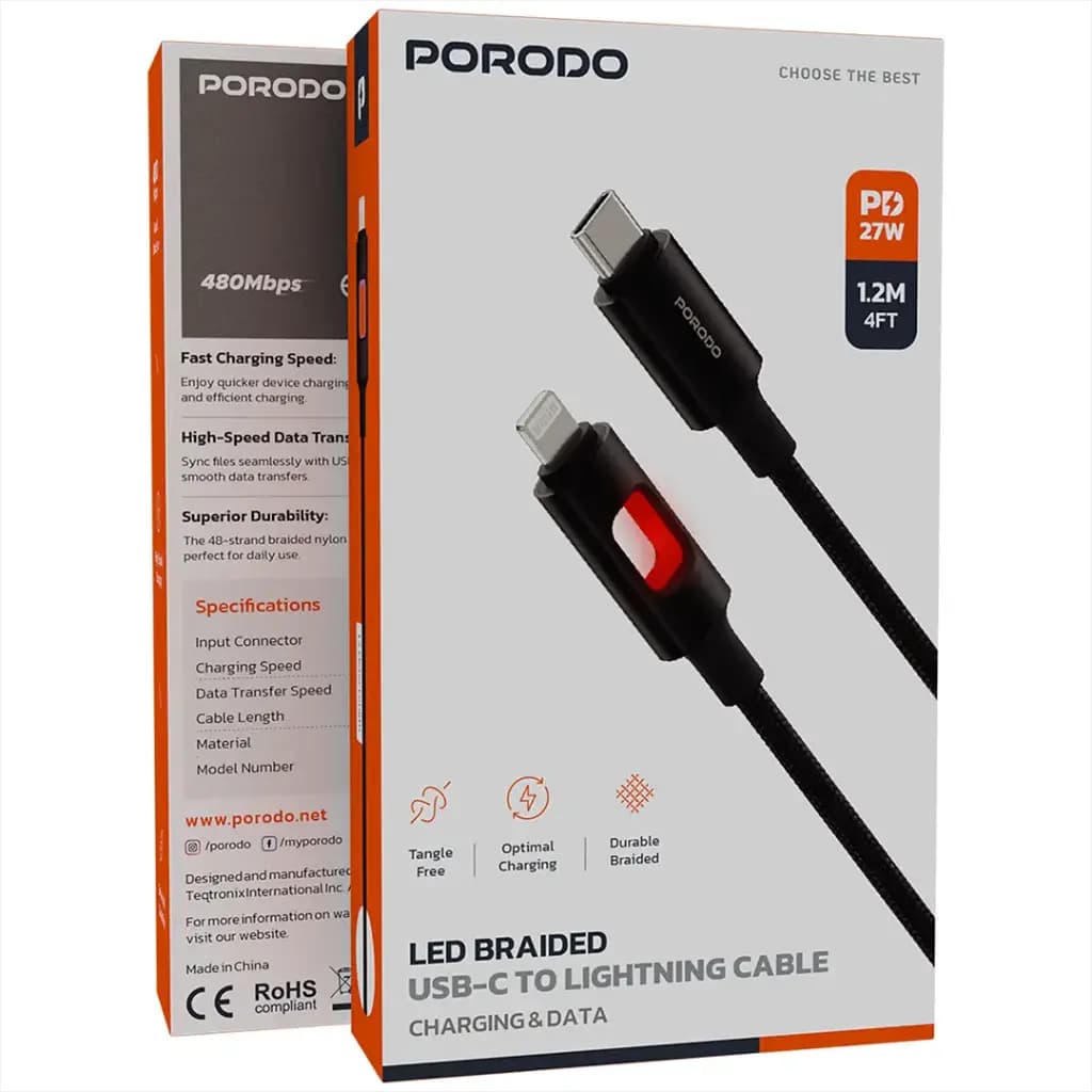 Porodo LED Braided USB-C to Lightning Cable PD 27W