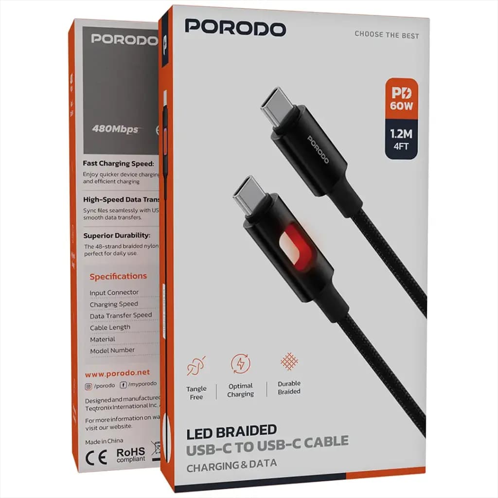 Porodo LED Braided USB-C to USB-C Cable PD 60W