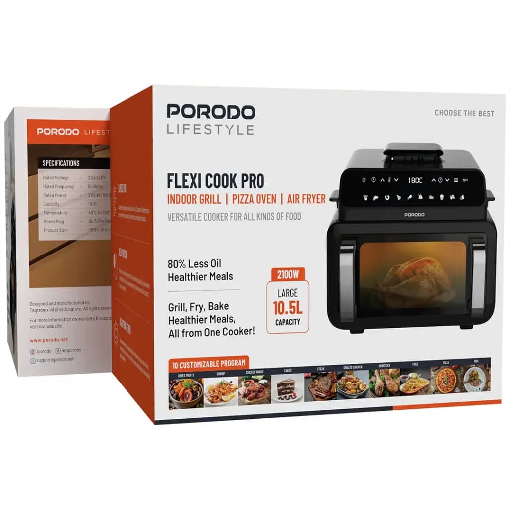 Porodo Lifestyle Flexi Cook Pro Indoor Grill, Pizza Oven, Air Fryer