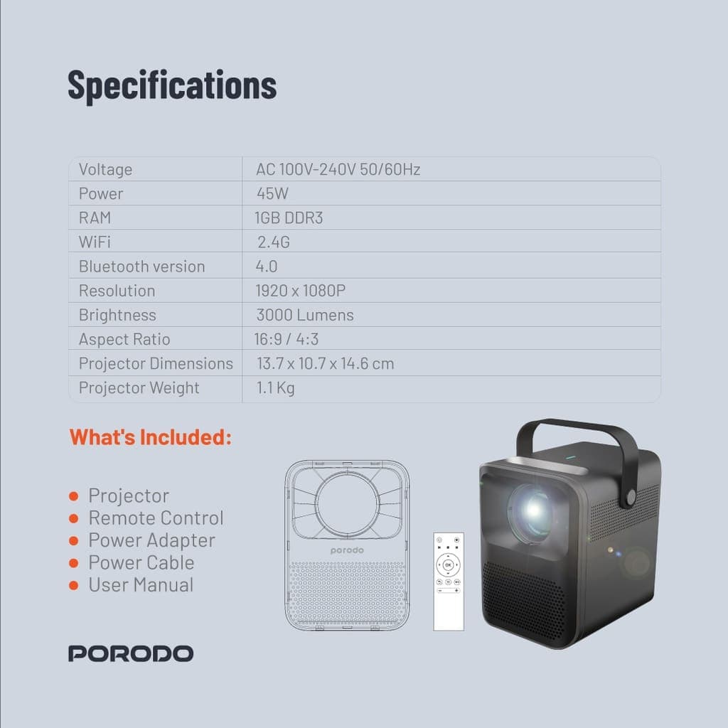 Porodo Lifestyle Full HD Portable Projector
