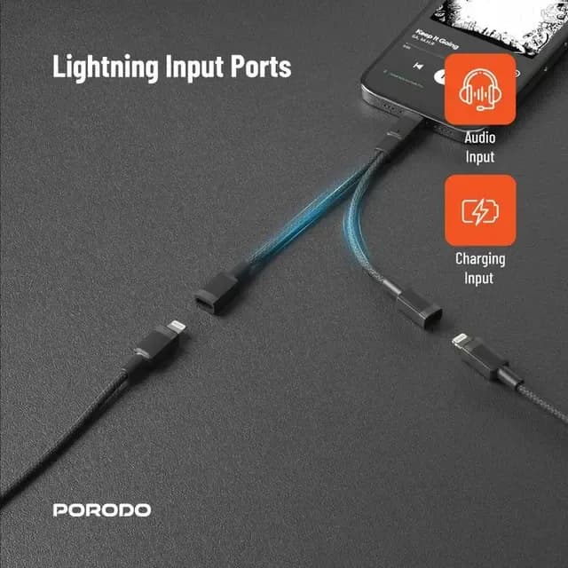 Porodo Lightning Connector Audio & Charge Adapter 0.12m