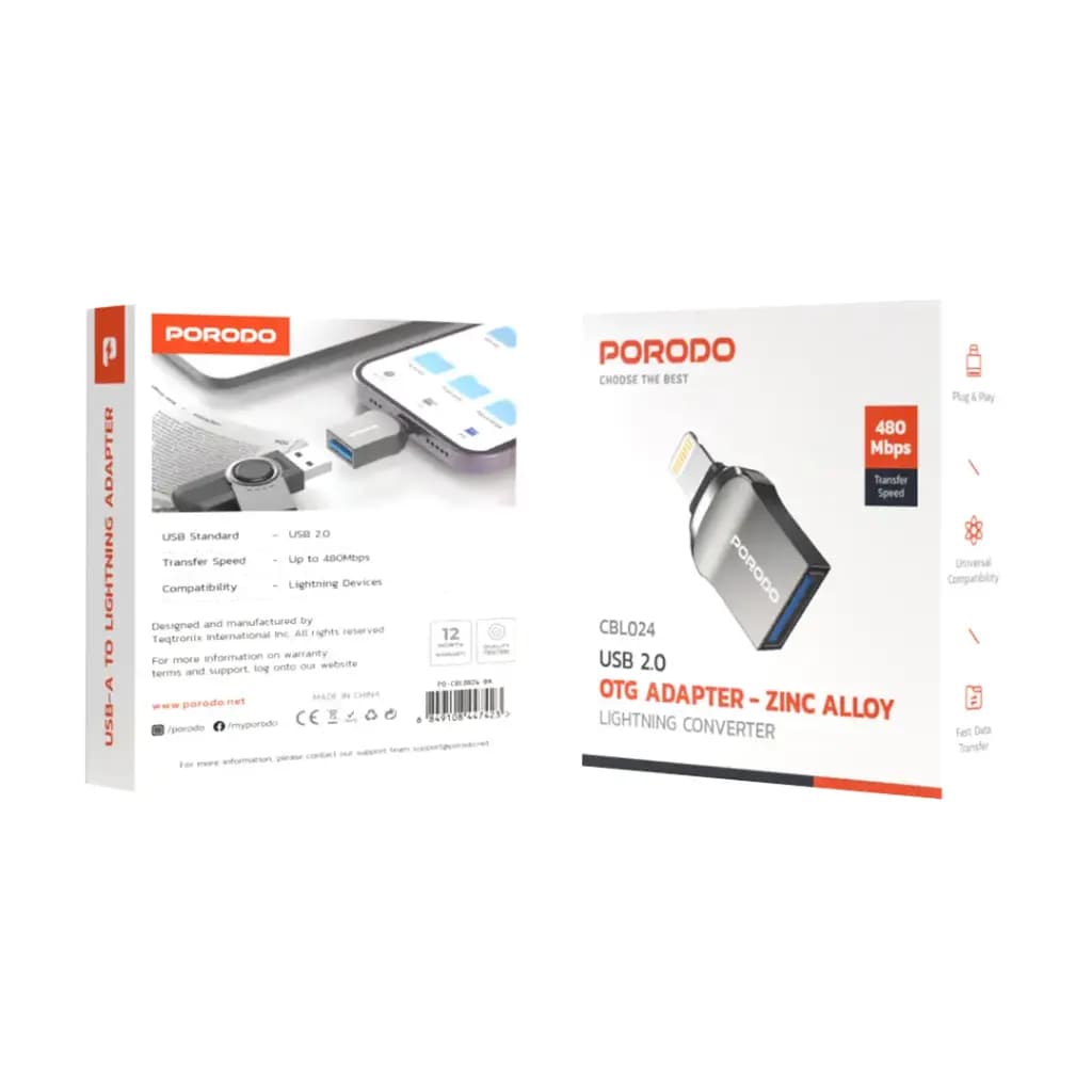Porodo Lightning OTG Adapter - Zinc Alloy