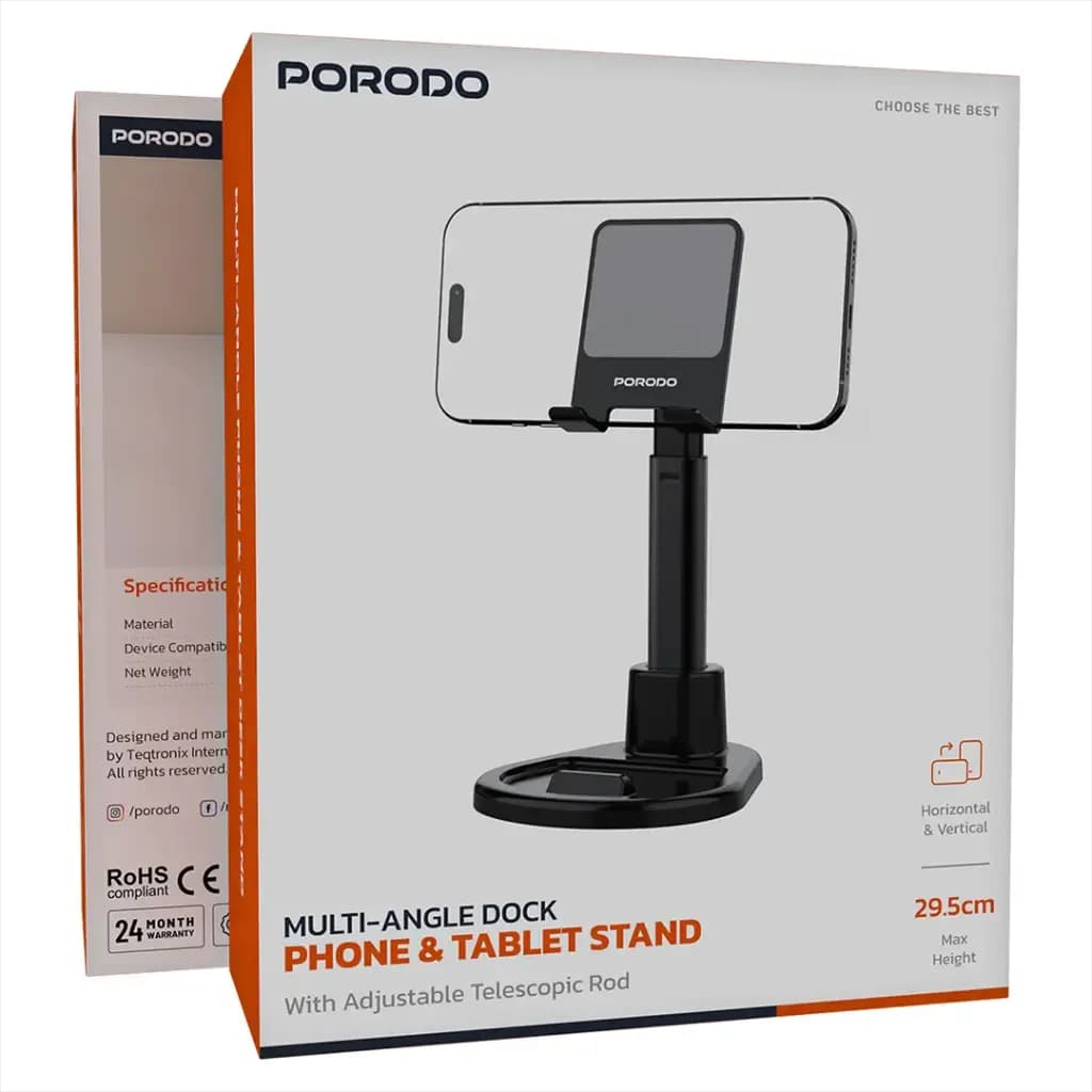 Porodo Multi-Angle Dock Phone & Tablet Stand with Adjustable Telescopic Rod