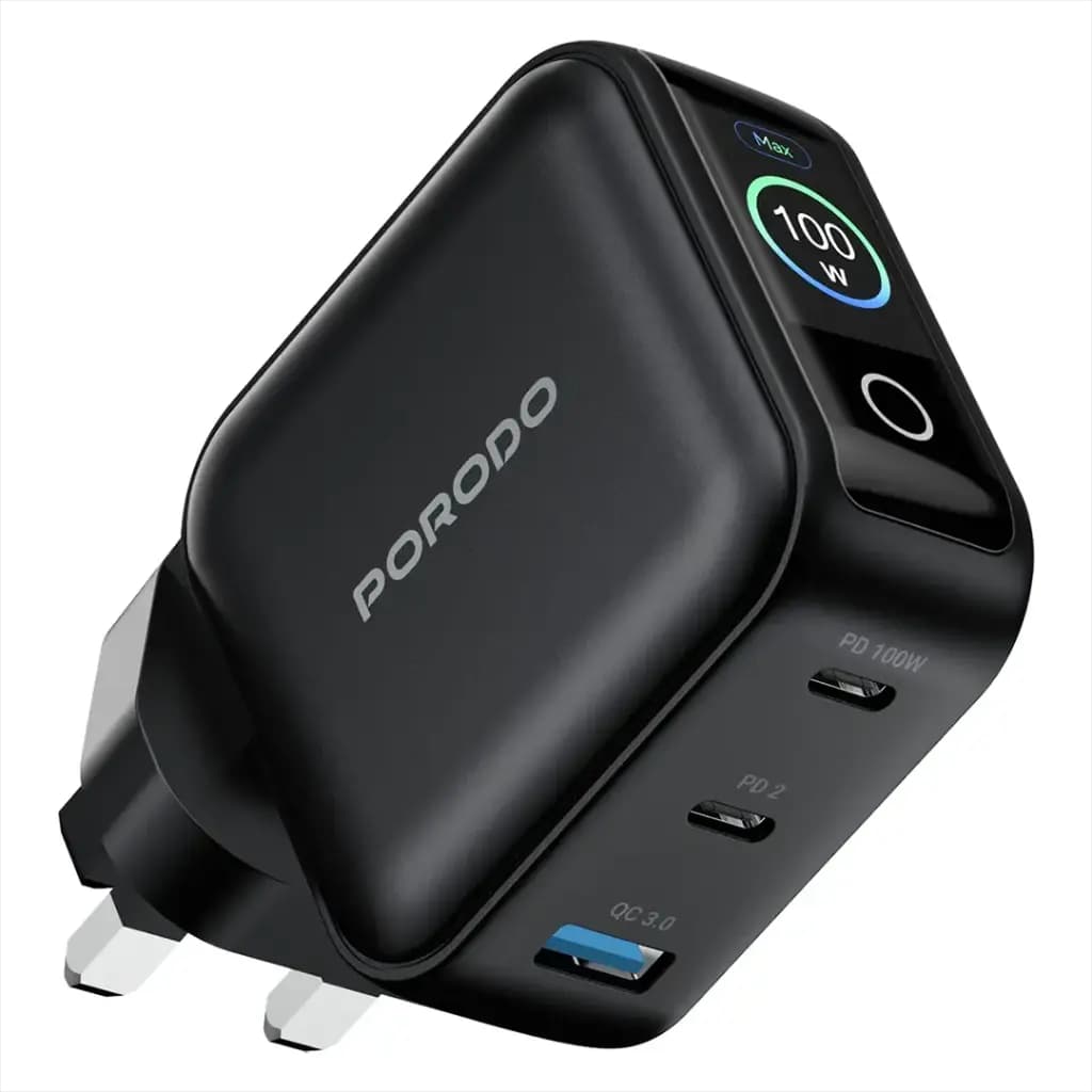 Porodo Nexora 100W 3-Port Wall Charger with LCD Display