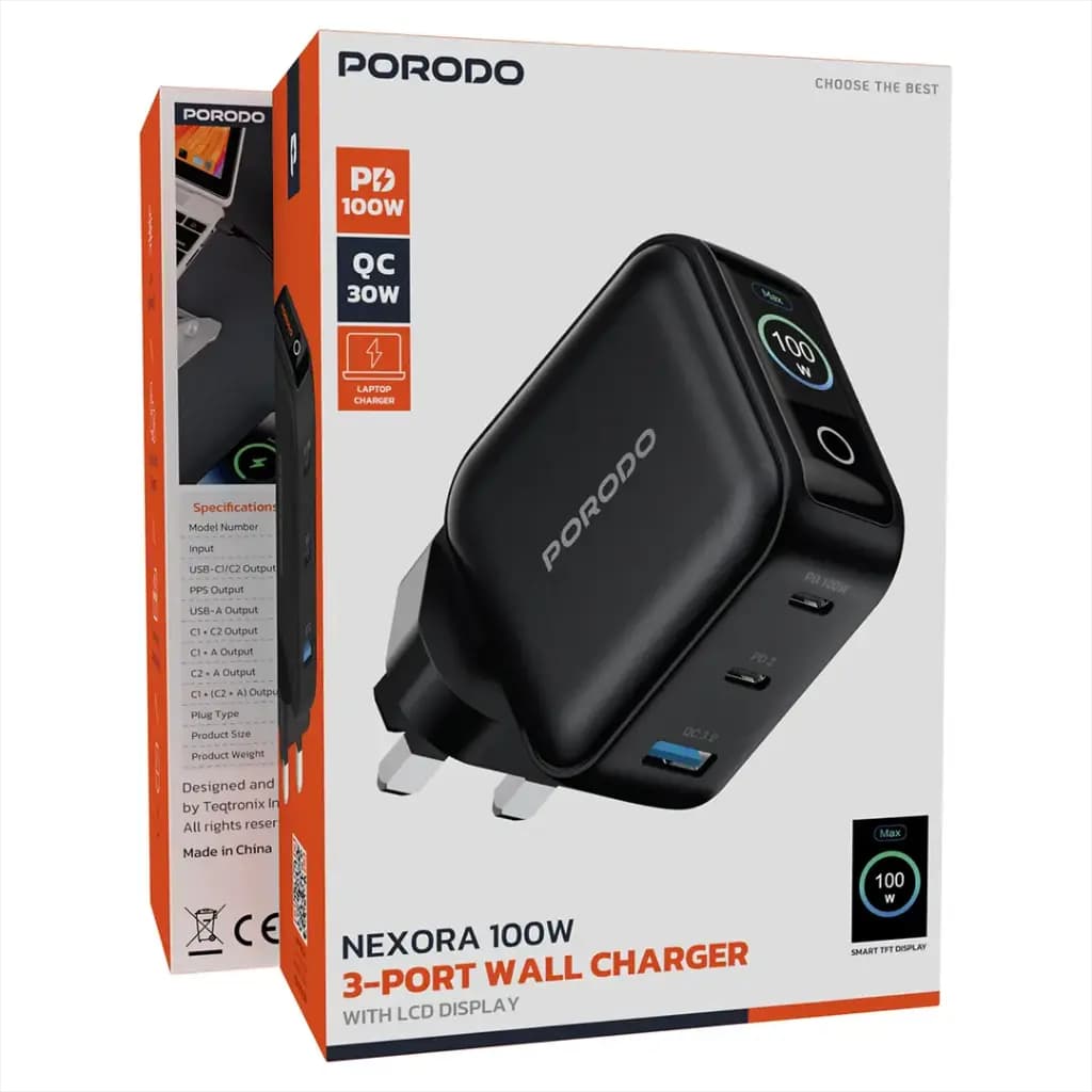 Porodo Nexora 100W 3-Port Wall Charger with LCD Display
