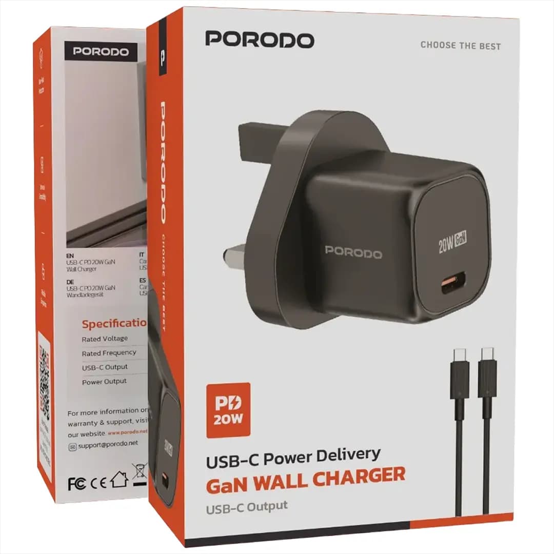 Porodo PD 20W UK Fast Charger with C to C Cable