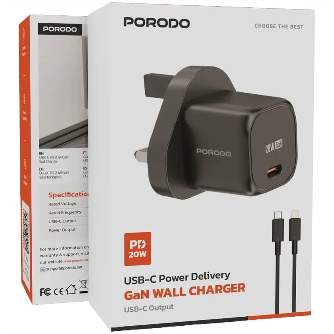 Porodo PD 20W UK Fast Charger with C to L Cable
