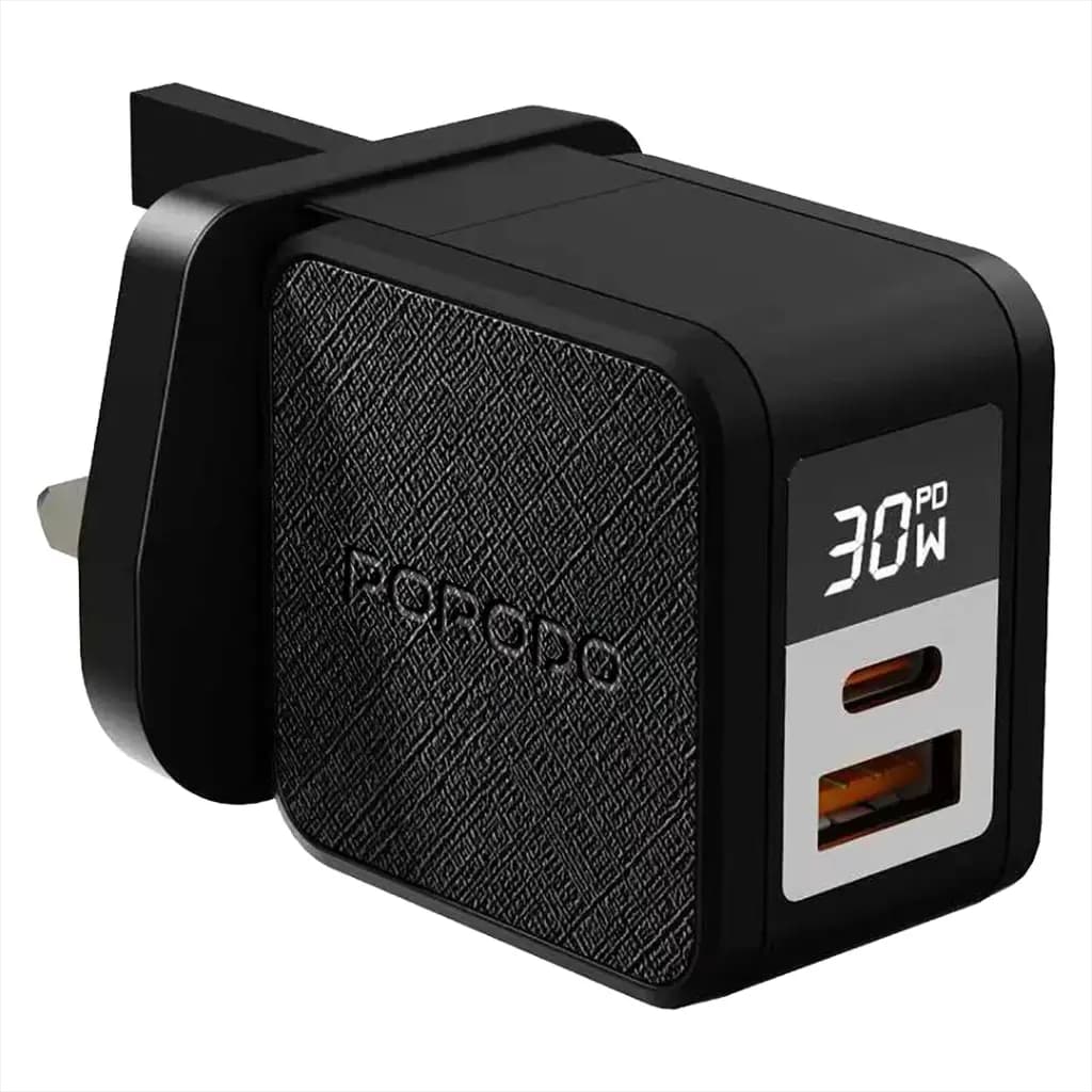 Porodo Quantum GaN 30W Multi-Port Charger with Digital Display with C to Lightning Cable