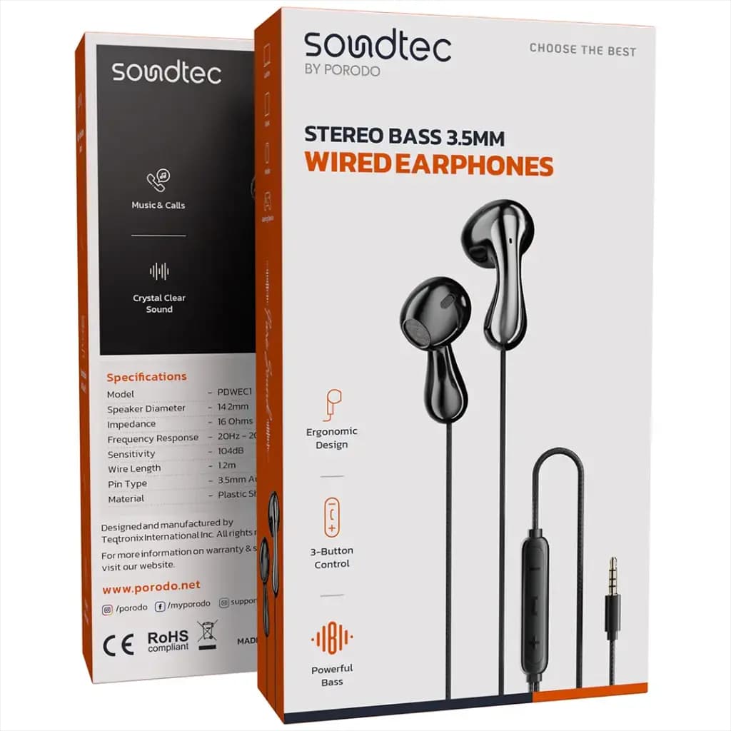 Porodo Soundtec Stereo Bass 3.5mm Wired Earphones