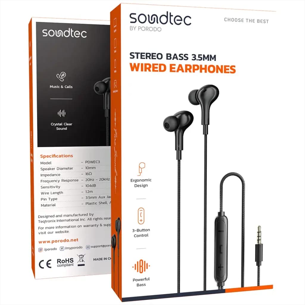 Porodo Soundtec Stereo Bass Wired Earphones 3.5mm