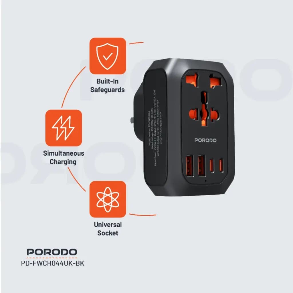 Porodo Universal AC Adapter Multi-Device Charging UK Plug