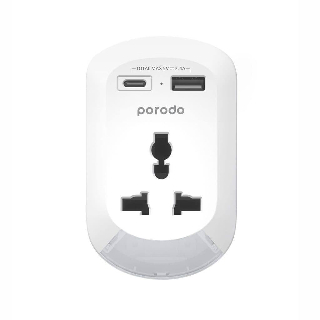 Porodo Universal AC Socket EU Plug Adapter with Nightlight and USB-A/USB-C
