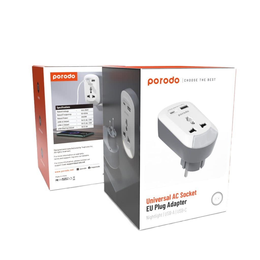 Porodo Universal AC Socket EU Plug Adapter with Nightlight and USB-A/USB-C