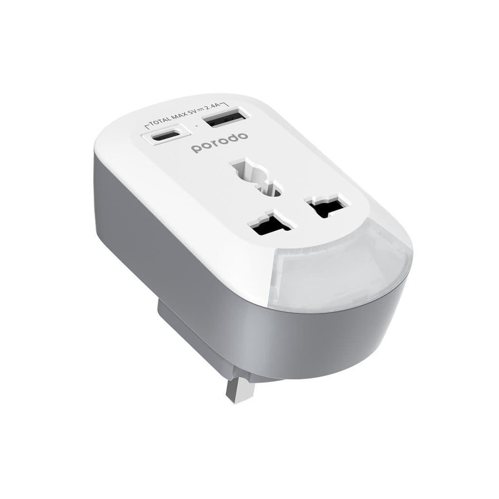 Porodo Universal AC Socket UK Plug Adapter with Nightlight and USB-A/USB-C