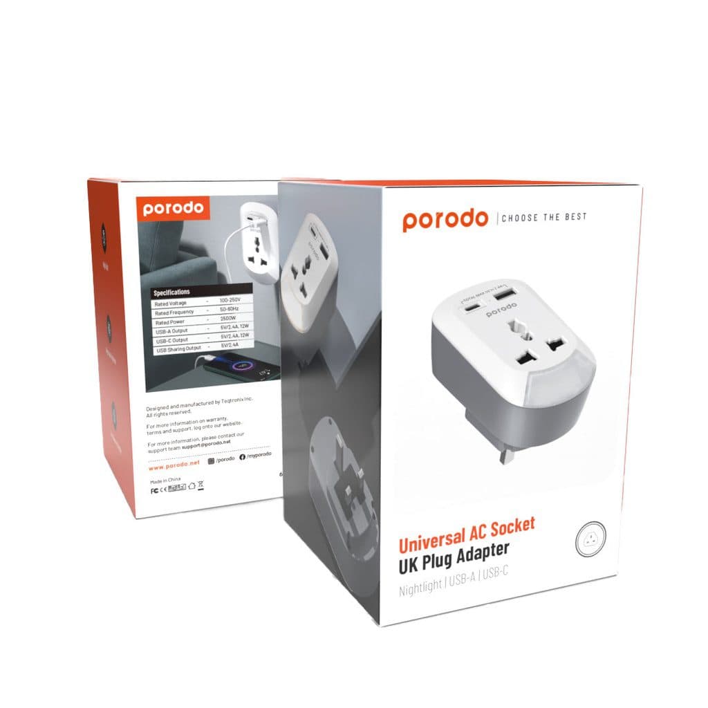 Porodo Universal AC Socket UK Plug Adapter with Nightlight and USB-A/USB-C