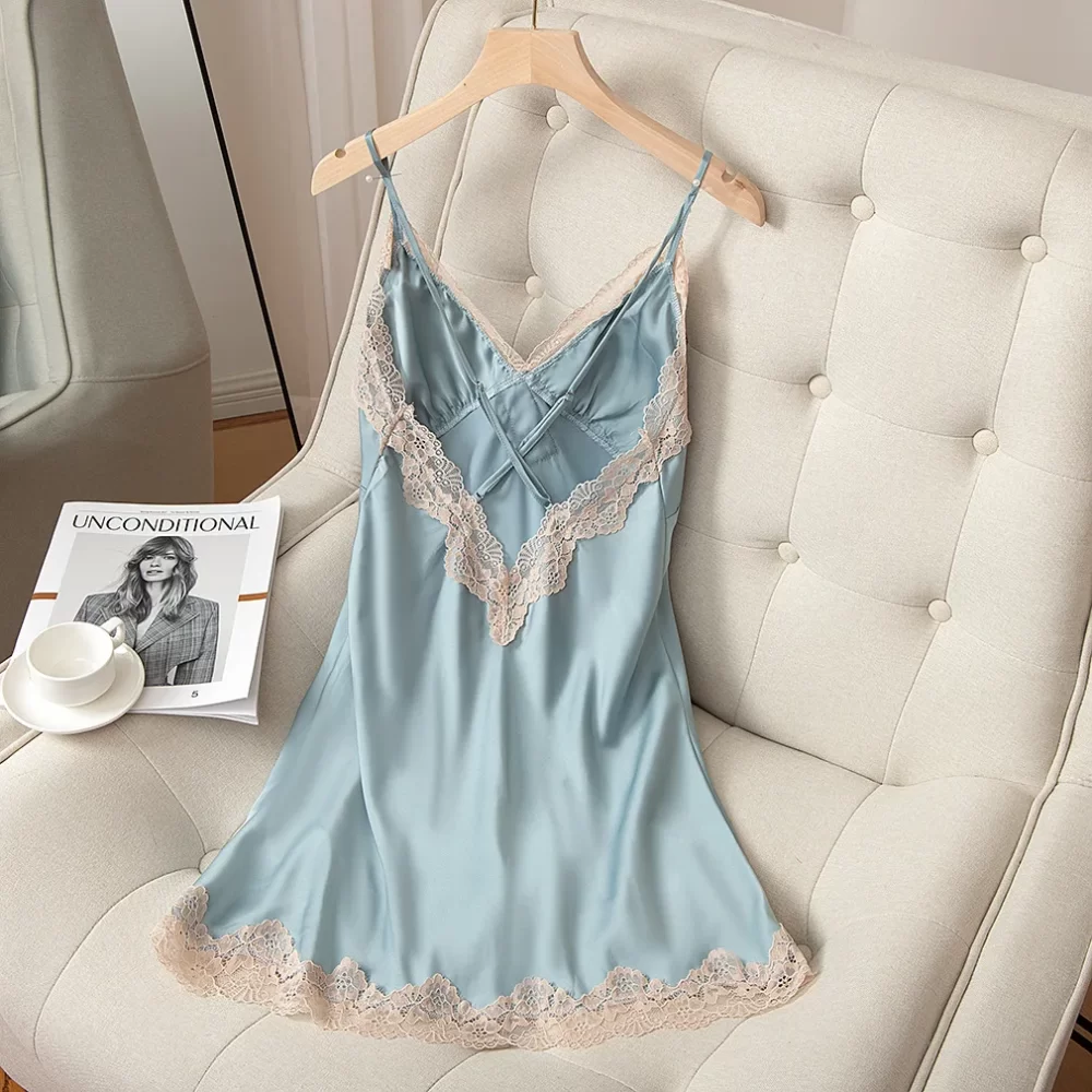 Spaghetti Strap Nightgown Women Nightdress Satin Summer Sexy Intimate Lingerie Soft Sleep Dress V-Neck Home Dressing Gown - Image 2