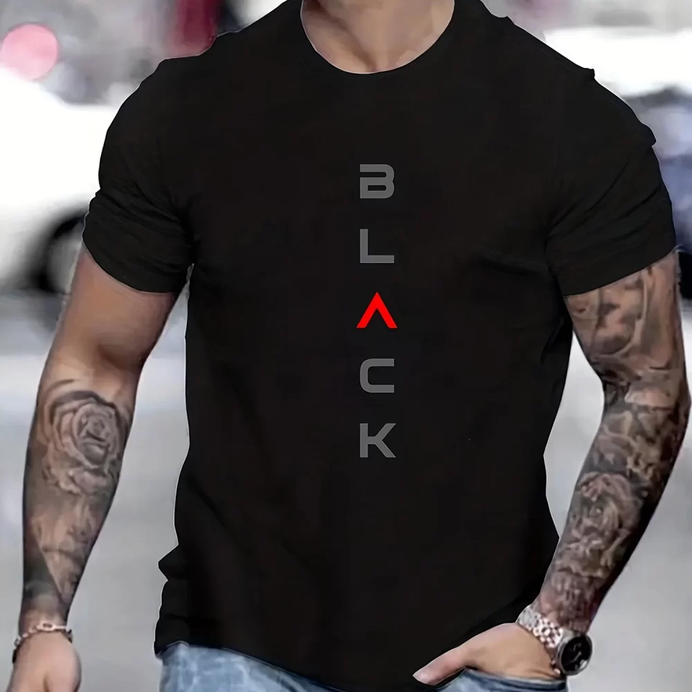 Men's Summer Casual Loose Size 100% Cotton Black Print Round Neck Short Sleeve T-shirt Top