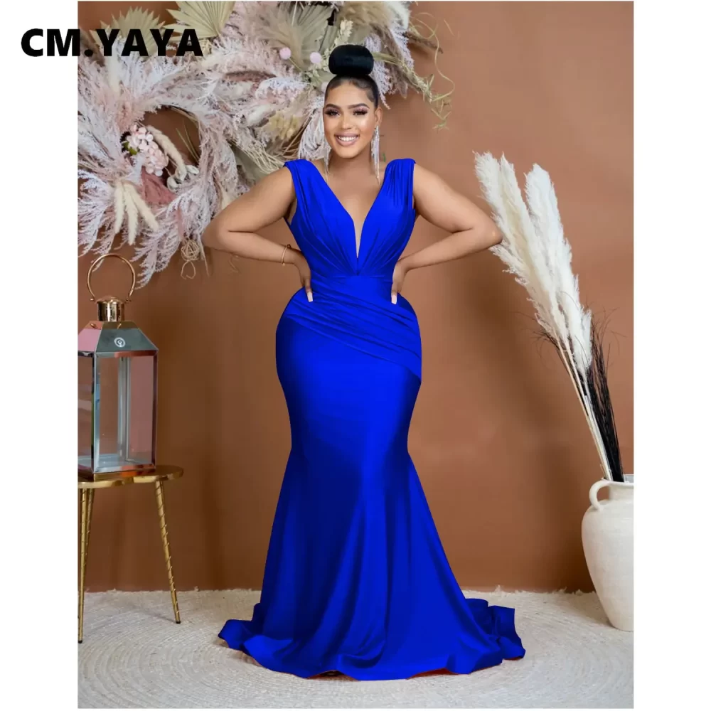 CM.YAYA Women Draped Waist Shoulder Sleeveless Deep V-neck Maxi Long Trumpet Mermaid Dress 2023 Club Sexy Party Evening Dresses - Image 3