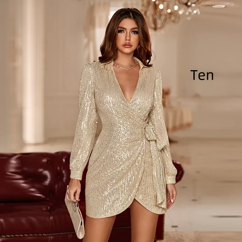 Women's Bodycon Skirt Sexygown Dress Autumn/winter Long Sleeve Waist-fitted Sequins Party Dresses