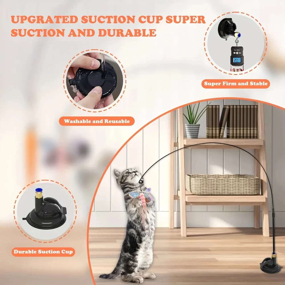 Cat Teaser Toy - Interactive Bell & Feather Wand - Long Suction Cup Pole for Exciting Playtime Adventures - Ultimate Cat Toy - Image 4