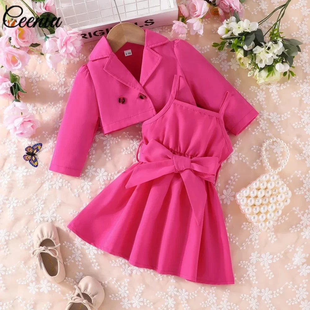 Ceeniu Fall Winter Baby Dresses and Coat Sets 2pcs Trendy Lapel Jacket+Belted Dress For Children's Clothing Girls Party Dresses - Image 3