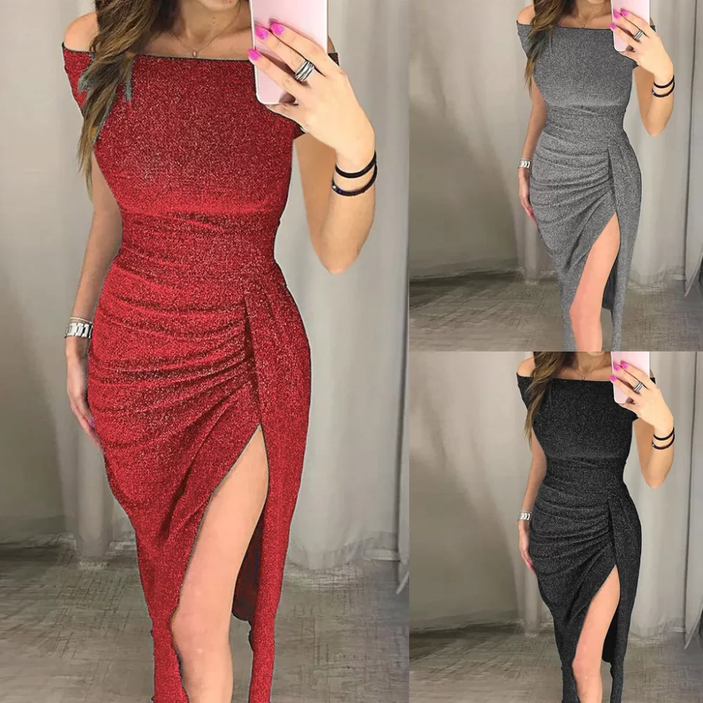 Elegant Asymmetrical Split Pencil Dresses Women's Sexy Off Shoulder Long Sleeve Evening Party Long Dress Prom Club Dress