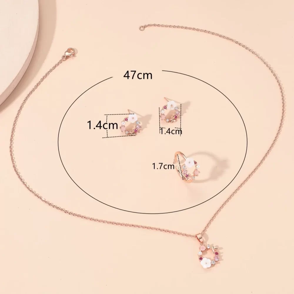 4 Pieces Rose Gold-color Lady Flower Fashion Accessories Zircon Simple Ornate Exquisite Necklace Ring Earrings Jewelry Set - Image 4