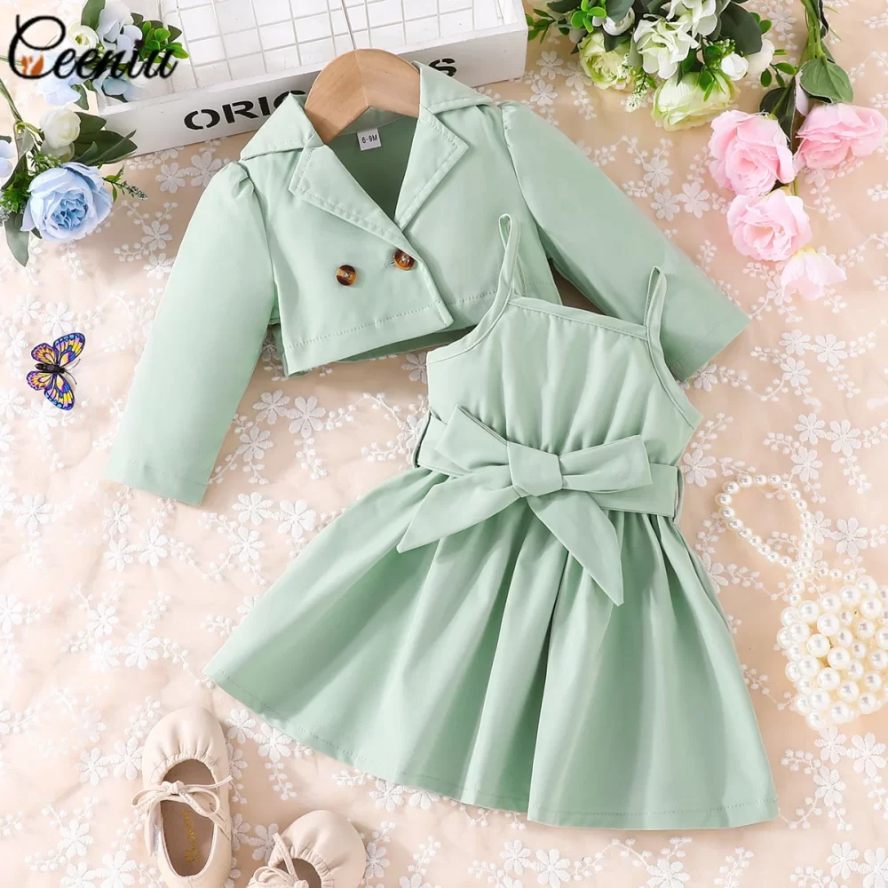 Ceeniu Fall Winter Baby Dresses and Coat Sets 2pcs Trendy Lapel Jacket+Belted Dress For Children's Clothing Girls Party Dresses - Image 5