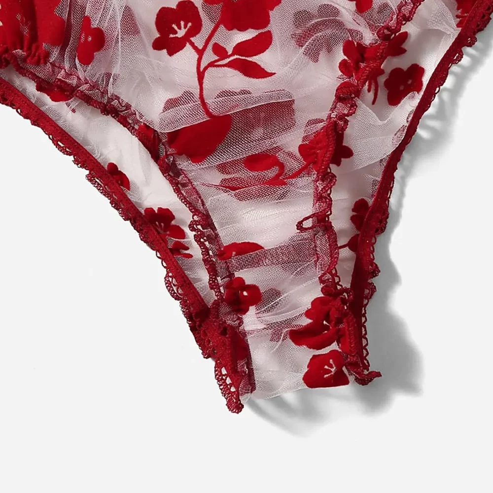 Sexy Red Sheer Lingerie Set For Women 2pcs Floral Embroidery Tube Tops Bralette Panties Temptation Brassiere And Thong Set Teddy - Image 3