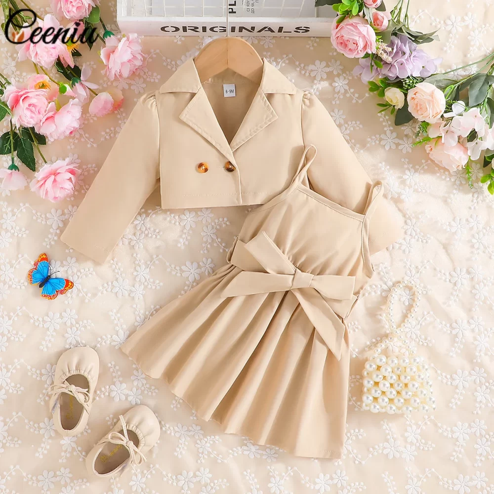 Ceeniu Fall Winter Baby Dresses and Coat Sets 2pcs Trendy Lapel Jacket+Belted Dress For Children's Clothing Girls Party Dresses